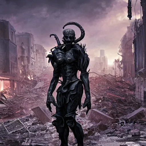 Image similar to a stunning dynamic pose full body of a ghoul wearing raider gear standing in the street of a destroyed city, intricate, 8 k highly professionally detailed, hdr, cgsociety, dark fantasy, dynamic lighting, cinematic, pristine, smooth, cosplay, elegant, sharp focus, art by alphonse mucha and greg rutkowski,