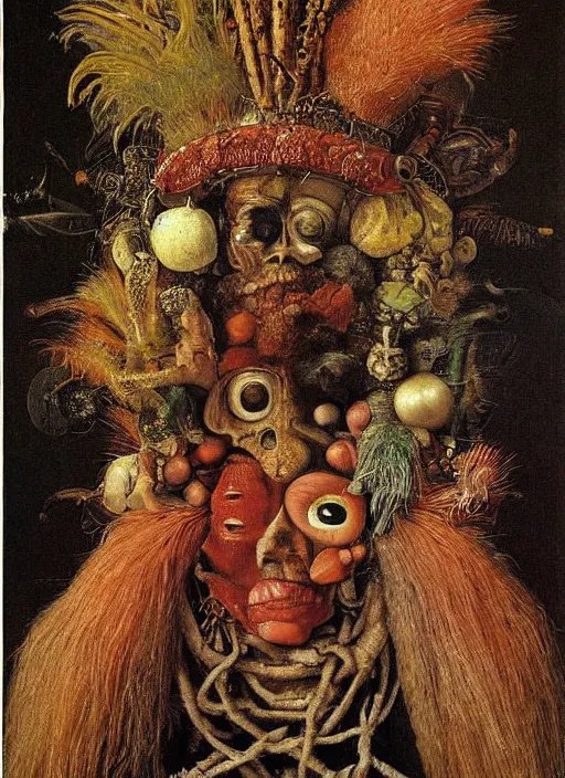 Prompt: a surreal painting of a shaman's face, by Giuseppe Arcimboldo, voodoo, Hieronymus Bosch, symbolist, soft colors, dramatic lighting, smooth, sharp focus, extremely detailed, aesthetically pleasing composition