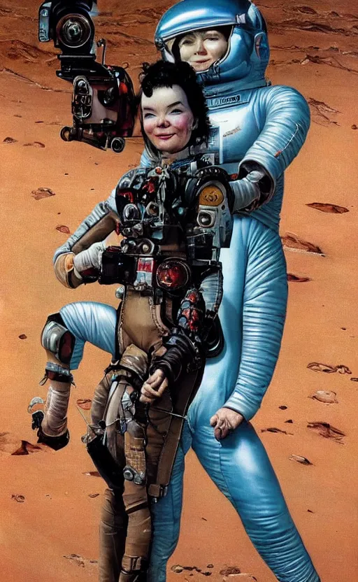 Prompt: bjork holding a retro ray gun and wearing a faded leather spacesuit on Mars by norman rockwell and darek zabrocki