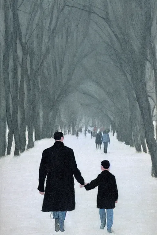 Image similar to a very tall man with dark hair holding the hands of a short young boy as they walk in a park on a bright beautiful winter day. part in the style of an edgar degas painting. part in the style of david hockney. triadic color scheme