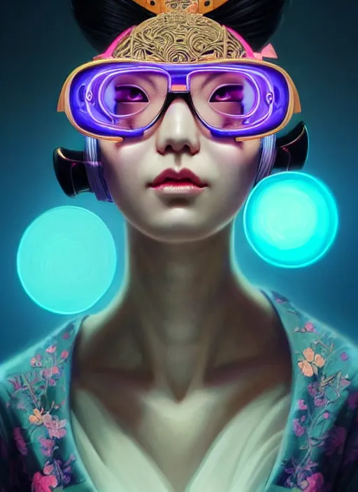 Prompt: portrait illustration of female japanese android wearing a vr eyewear and very detailed and intricate geisha kimono dress, intricate detail, cyber neon lighting, highly detailed, artstation, glamor pose, concept art, art by peter mohrbacher and boris vallejo and liam wong, pinterest, artstation, digital painting,