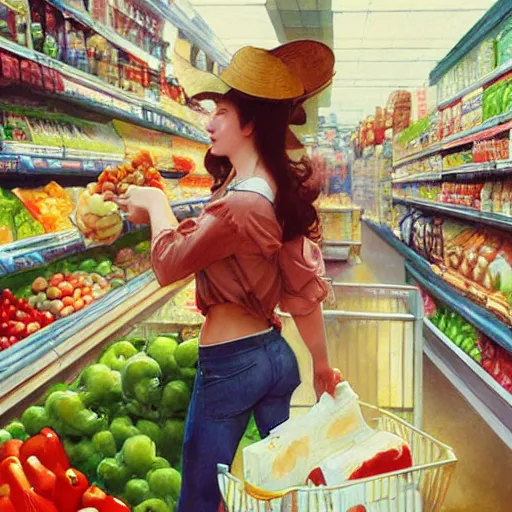 Prompt: buying groceries, by wlop, artgerm, elvgren, mucha