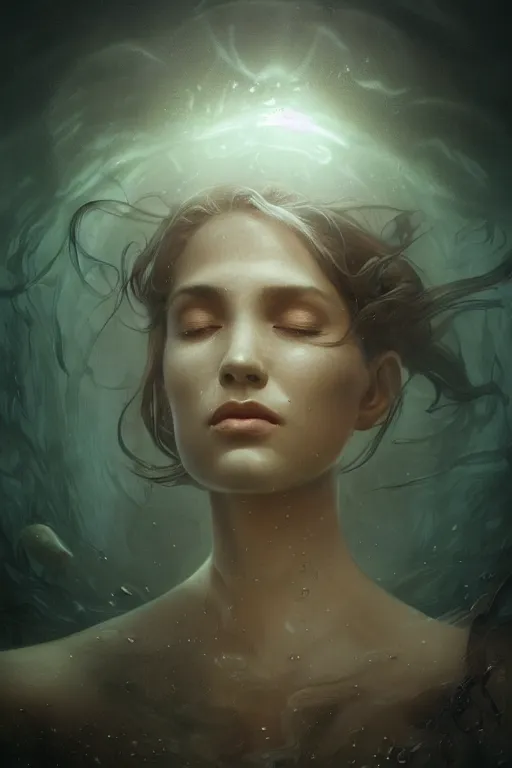 Image similar to meditation deep in dark murky water!!!, underwater atmospheric mood, asleep and dreaming! cinematic volumetric lights, bust portrait, dnd, fantasy, intricate, elegant, highly detailed, digital painting, artstation, concept art, smooth, sharp focus, illustration, art by artgerm and tom bagshaw and greg rutkowski and alphonse mucha