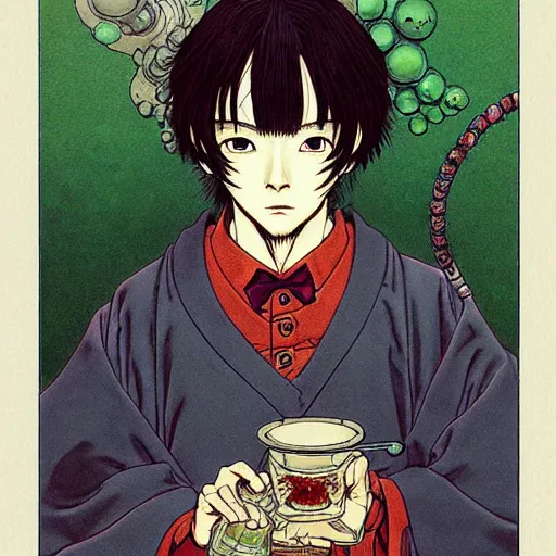 Image similar to prompt : portrait alchemist painted in miyazaki color style drawn by katsuhiro otomo and takato yamamoto, inspired by fables, china doll face, smooth face feature, intricate oil painting, high detail, sharp high detail, manga and anime 2 0 0 0