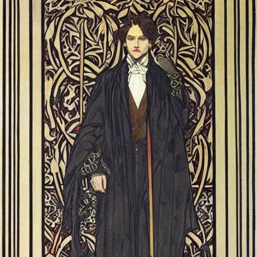 Prompt: dorian gray, master magician by william morris and mucha ( ornate intricate geometry )