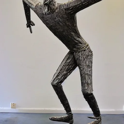 Image similar to a contemporary art sculpture of several tall man running with long arm and a big head, in the style of cesar baldaccini facel vega 1 9 6 2, full size, busy, made of intricate metal and wood, thick paint, intricate, dirty, indoor, studio lighting, hyper realistic, detailed, 8 k