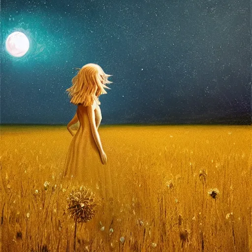 Image similar to giant daisy flower as a head, girl walking in wheat field, hills, surreal photography, moon light, dark night, star trails, dramatic light, impressionist painting, clouds, digital painting, artstation, simon stalenhag