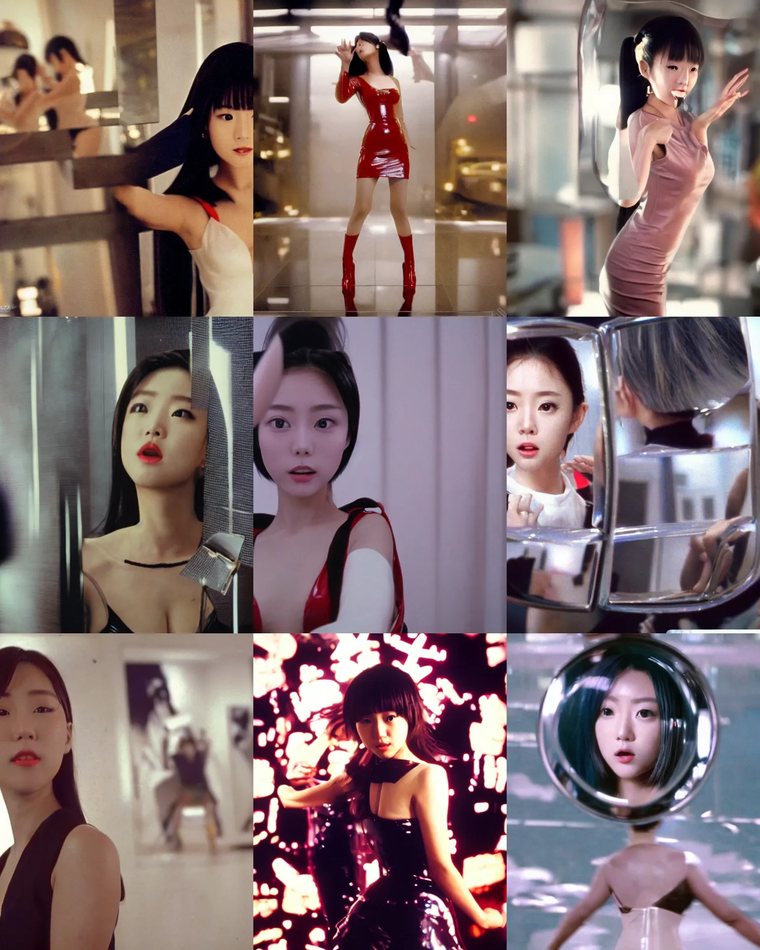 Image similar to Worksafe,clothed.1990s,unbelievably beautiful,perfect,dynamic,epic,cinematic movie shot of a close-up japanese beautiful cute young J-Pop idol actress girl in latex dress,reflected in giant mirror,expressing joy.By a Chinese movie director.Motion,VFX,Inspirational arthouse,high budget,hollywood style,at Behance,at Netflix,Instagram filters,Photoshop,Adobe Lightroom,Adobe After Effects,taken with polaroid kodak portra