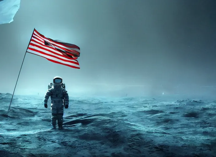 Image similar to astronaut holding a flag in an underwater desert. a submarine is visible in the distance. dark, concept art, cinematic, dramatic, atmospheric, 8 k, trending on artstation, blue, fish, low visibility, fog, ocean floor, christopher nolan, interstellar