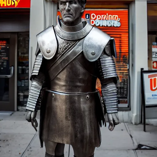 Image similar to cinematic shot of julius caesar wearing roman armor and standing outside of a dunkin donuts store, 8 k, very detailed, very intricate,