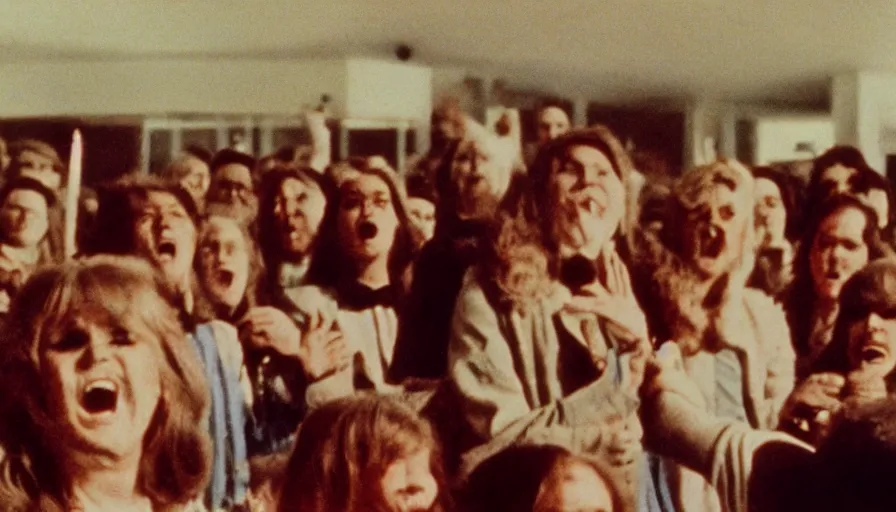 Image similar to 7 0 s film still from a horror movie with people laughing at a funeral, kodachrome, cinecolor, cinestill, photorealism, cinematic, film grain, film texture, vhs recording