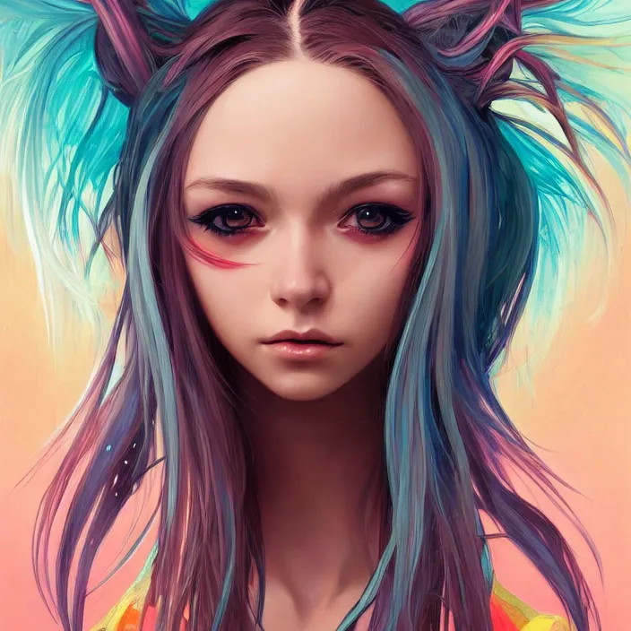 Image similar to portrait of beautiful symmetrical anime girl, rainbow hair, attractive, casual, modern, victoria's secret, highly detailed, digital painting, artstation, concept art, smooth, sharp focus, illustration, art by artgerm, greg rutkowski and alphonse mucha, 8 k,