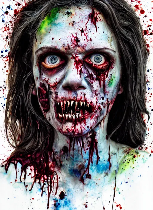 Image similar to zombie hollywood professional acting headshot, hyperrealism, david dennis, magazine cover person, intricate detailed, studio lighting, charming expression gesicht, hauntingly beautiful zombie, watercolor art, epic, legendary, drawn and painted, colored layers, dulled contrast, exquisite fine art, splatterpaint