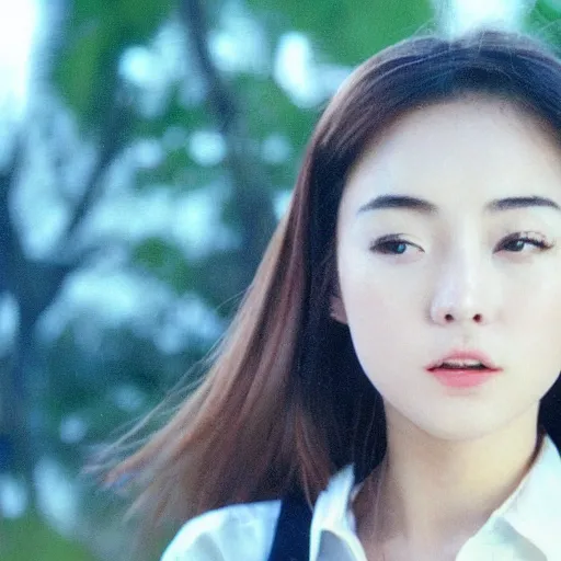 Image similar to 1990s, perfect, dynamic, epic, cinematic 8K HD movie shot of semi-close-up japanese beautiful cute young J-Pop idol actress girl face, she express joy and posing. By a Chinese movie director. Motion, VFX, Inspirational arthouse, high budget, hollywood style, at Behance, with Instagram filters, Photoshop, Adobe Lightroom, Adobe After Effects, taken with polaroid kodak portra