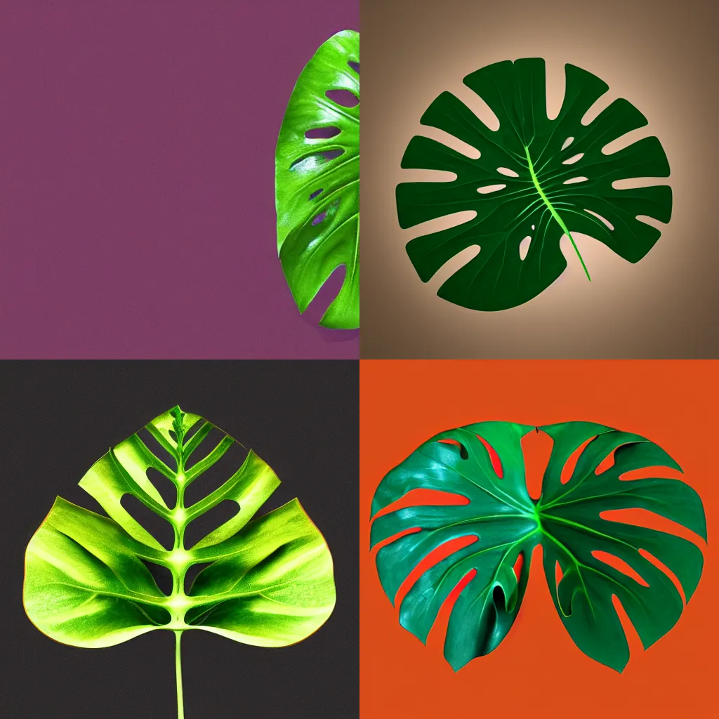 Prompt: “Monstera leaf on an orange background, 3d render, blender, logo, mono”