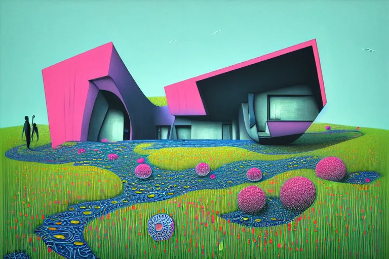 Image similar to surreal glimpse into other universe, house by zaha hadid, summer morning, very coherent and colorful high contrast, art by!!!! gediminas pranckevicius!!!!, geof darrow, floralpunk screen printing woodblock, dark shadows, hard lighting, stipple brush technique,