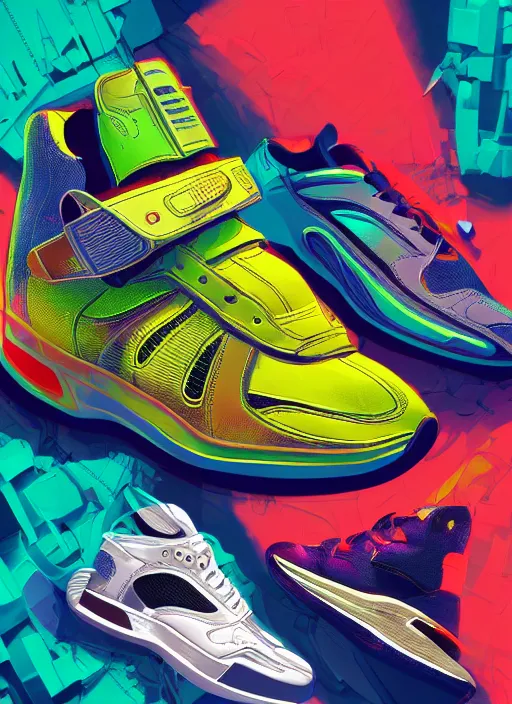 Prompt: “wide shot of sneakers that has details of plane and mechanics in texture with futuristic colorful background, cinematic lighting, light fog, backlit, digital art, trending on Artstation”