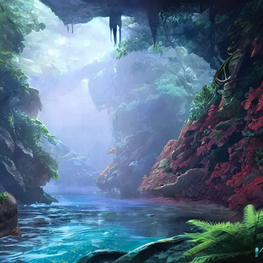 Image similar to Canyon in the jungle with corals and dinosaur dkeletons, 8k, detailed, concept art, trending on artstation