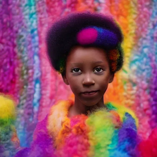 Image similar to a black girl with a colorful afro and rainbow eyes, in a candy forest! at night!, bokeh!!, bright colours, watercolor, volumetric wool felting, macro photography, children illustration, by goro fujita