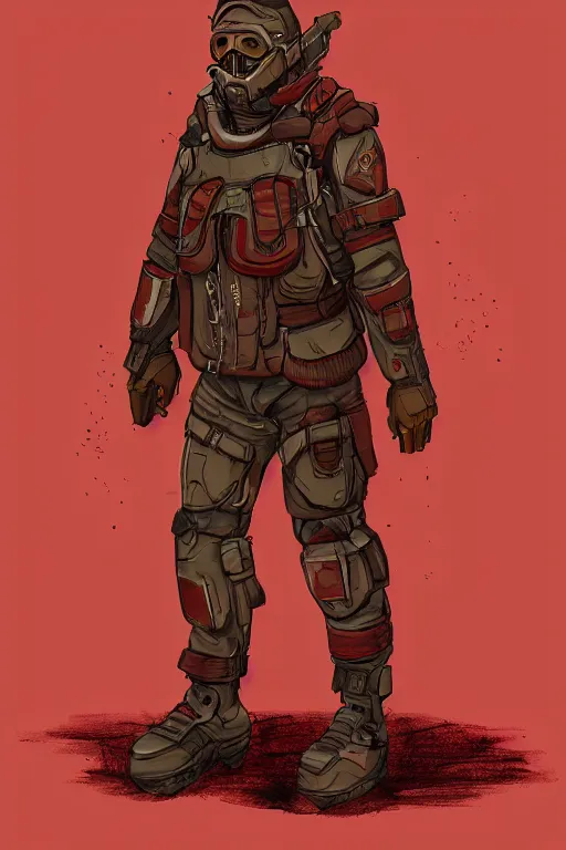 Prompt: post apocalypitc soldier, brown coat with red patches, red team, character concept art, digital art