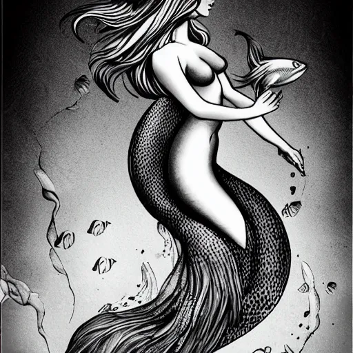 Image similar to black and white illustration, creative design, beautiful feminine mermaid in water with fishes