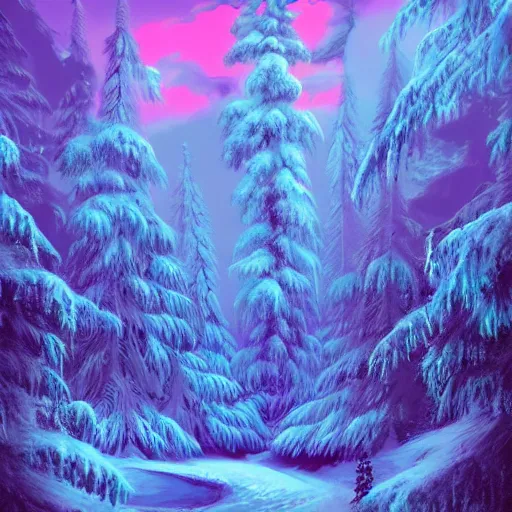 Image similar to a snow forest, epic retrowave art, trending on art station