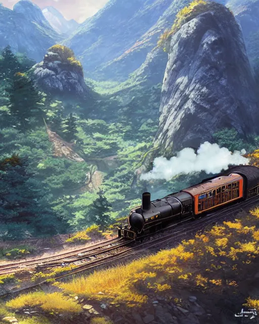 Prompt: a steam train on a mountainside, by makoto shinkai, stanley artgerm lau, wlop, rossdraws