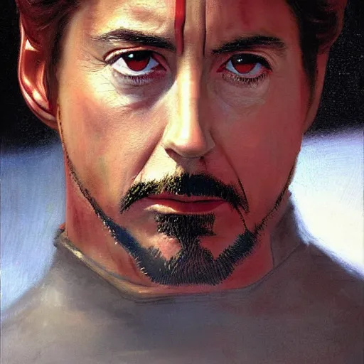 Image similar to Bouguereau painting .close up of attractive robert downey tony stark.wearing iron man armor