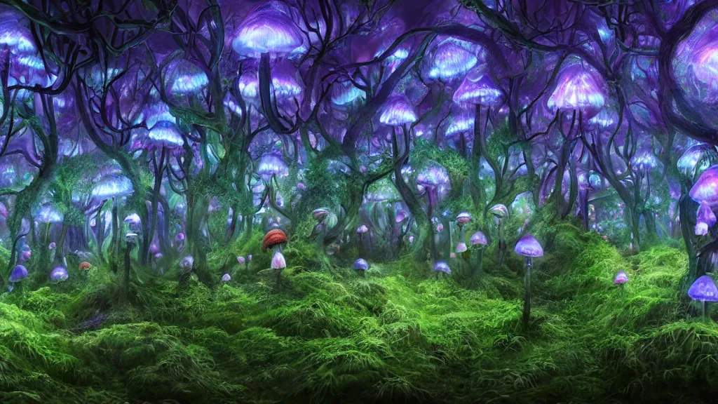 Prompt: exploring a mushroom forest, 8k, acid trip, hall of mirrors, ultra detailed, a hyperrealistic image of a mycelium forest with neon glowing mushrooms, with magical creatures, by tian gan, trending on patreon, artstation, deviantart. Unreal engine