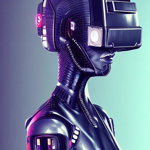 Image similar to retro vintage sci - fi, female cyborg robot wearing vr headset, 3 d illutration, profile portrait, night, detailed, cyberpunk style,