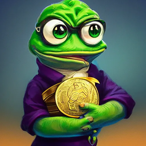 Image similar to super rich happy pepe, luxury, treasury, coins, money, hyper detalied, blue crystals, greg rutkowski, artstation