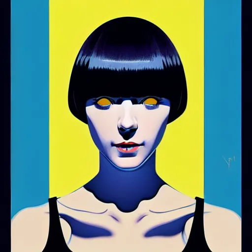 Prompt: woman with dark bobcut haircut with friendly blue eyes and slim features looking happy, underground box office hit, satire, seventies italian horror movie poster, giallo, intricate, ultra detailed 8 k, best, cool, extremely beautiful and aesthetic shape of face and neck, art by hiroaki samura and ilya kuvshinov and rossdraws and andy warhol, inverted