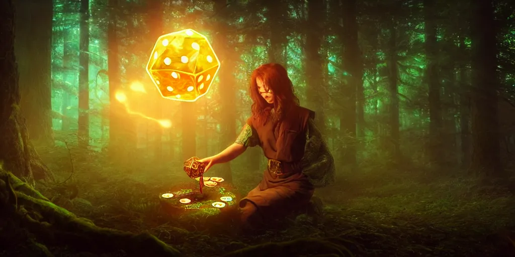 Image similar to a curious, mythical forest spirit rolling a six - sided dice, d 6 dice, glowing energy, fantasy magic, by willian murai and jason chan, fantasy, dramatic lighting, golden ratio, sharp focus