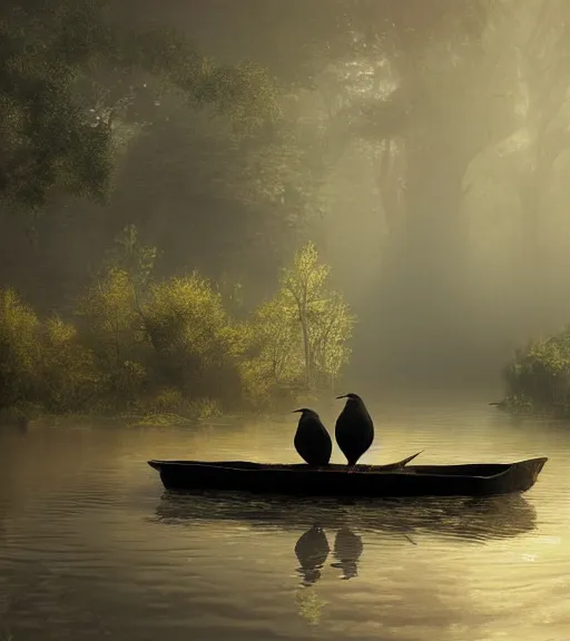 Image similar to three crows in a little boat in a swamp, volumetric lighting, fog, majestic light, octane render, ethereal glare of the sun, hyperrealistic, epic, masterpiece, by greg rutkowski