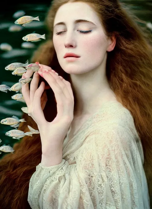 Image similar to Kodak Portra 400, 8K, soft light, volumetric lighting, highly detailed, britt marling style 3/4, Close-up portrait photography of a beautiful woman how pre-Raphaelites a woman with her eyes closed is surrounded by water , face is surrounded by fish, she has a beautiful lace dress and hair are intricate with highly detailed realistic beautiful flowers , Realistic, Refined, Highly Detailed, natural outdoor soft pastel lighting colors scheme, outdoor fine art photography, Hyper realistic, photo realistic