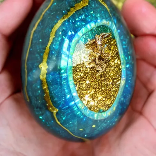 Prompt: an ornate scaled Obisidian Dragon egg cracking open, golden light within, a opal geode dragon eye is seen within, ultra realistic, inner illumination, kintsugi, dappled light, wet, dripping oil