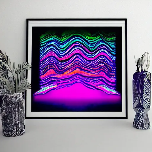 Prompt: vaporwave forest Hyperrealistic Highly detailed neon geometric ink painting, trending on Art Station