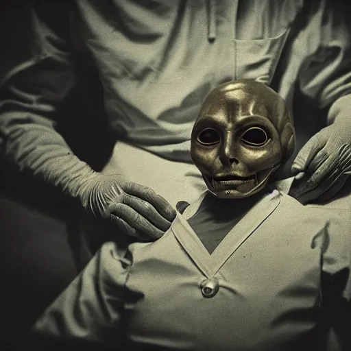 Prompt: an alien autopsy, realistic, vintage, grainy, old style photo, sepia, dark, medical lighting, masked doctors, clear alien face