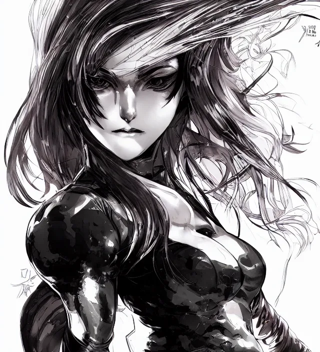 Image similar to hd manga anime half body portrait of a girl demonbot in ishikawa ken miura kentaro frank miller jim lee alex ross style detailed trending award winning on flickr pixiv artstation