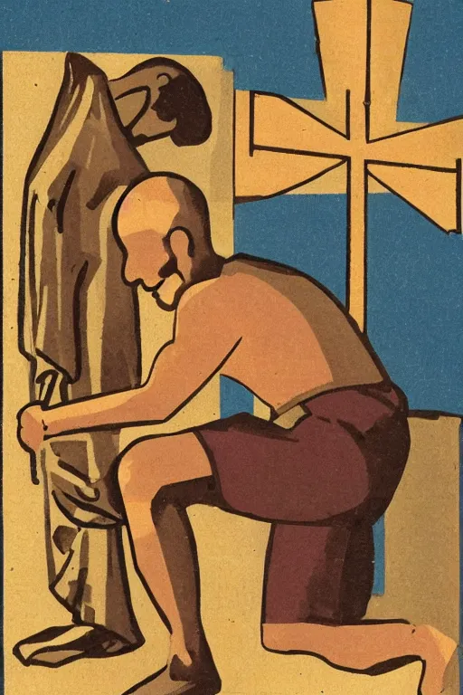 Image similar to man kneeling at the base of a wooden cross, 1960’s advertising art illustration