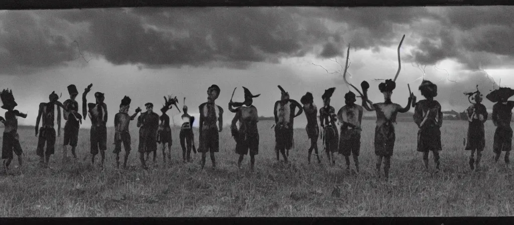 Image similar to 1 3 mm film photograph of a group of clowns in a field holding machetes, liminal, dark, thunderstorm lightning, dark, flash on, blurry, grainy, unsettling