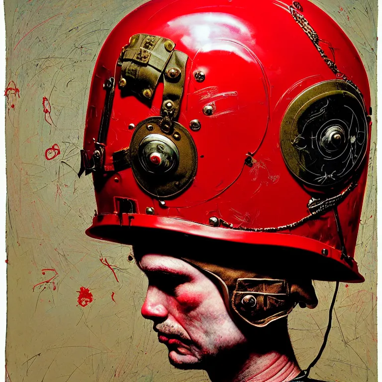 Image similar to portrait of a third reich soldier in ornate motorcycle dirt helmet in a helmet background red plastic bag, circuitboard,, rich deep colors, ultra detail, by francis bacon, james ginn, petra courtright, jenny saville, gerhard richter, zdzisaw beksinsk, takato yamamoto. masterpiece, elegant fashion studio ighting 3 5 mm