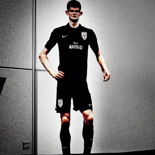 Image similar to “a realistic detailed photo of a guy who is an attractive humanoid who is half robot and half humanoid, who is a male android, Christian Pulisic, shiny skin, posing like a statue, blank stare,, display”