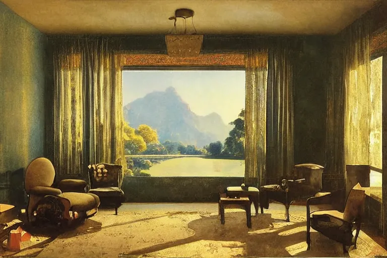 Prompt: sunrise in a tastefully decorated living room with dark luxurious furnishings, and a mix of antique and modern furniture, and a mix of concrete and wood finishes, soft focus cinematic still, dark dreamy sunrise dappled light by maxfield parrish