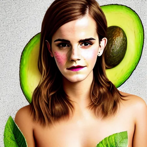 Image similar to portrait of emma watson but her skin is avocado skin