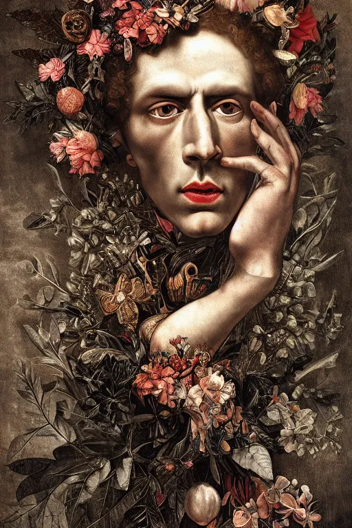 Prompt: Detailed maximalist portrait a Greek god with large lips and with large white eyes, exasperated expression, fleshy skeletal, botany, HD mixed media 3d collage, highly detailed and intricate, surreal illustration in the style of Caravaggio, dark art, baroque