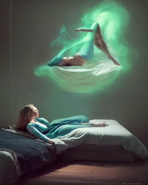 Image similar to a woman floating abover her bed at night, astral projection, green smoke! surreal concept art, lifelike, photorealistic, digital painting, aesthetic, smooth, sharp focus, artstation hd, artgerm and by greg rutkowski, bruce pennington, valentina remenar, rhads, asher duran,