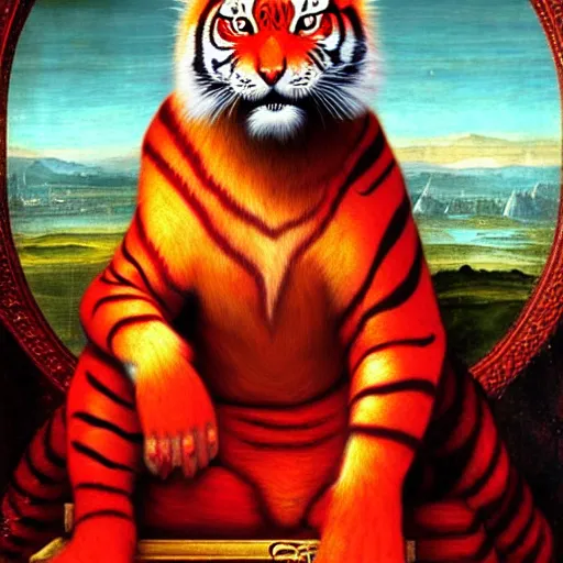 Prompt: a red tiger as the king of a kingdom sitting on his throne, digital art, renaissance painting, fantasy art, ultra detailed, as coherent as Dall-E 2