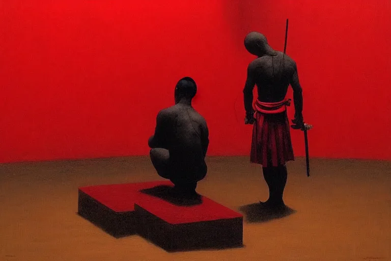 Image similar to only with red, a red samurai do seppuku, tokio, a lot of frogs watch, in the style of beksinski, parts by edward hopper, parts by rodcenko, parts by yue minjun, intricate and epic composition, red by caravaggio, insanely quality, highly detailed, masterpiece, red light, artstation, 4 k