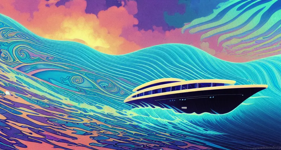 Prompt: [ palate ] [ muted colors ] crazy psychedelic ocean waves, luxury yacht crossing the ocean, paisley swirls and ripples, backlit, sunset, refracted lighting, outdoors, paisley clouds in the sky, elegant, 8 k resolution, intricate and fine details, digital painting, artstation, illustration, greg rutkowski, krenz cushart, alphonse mucha